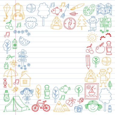 Vektör kamp, yürüyüş simgeleri küçük çocuklar için ayarlayın. Okulu ve anaokulu çocukları tatil