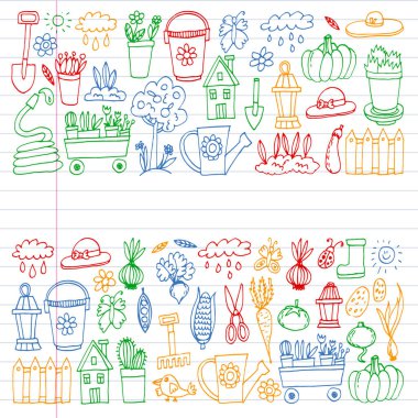 Bahçe, tarım, Bahçe aletleri, ekipman, hasat. Bahçe öğeleri simgelerin.