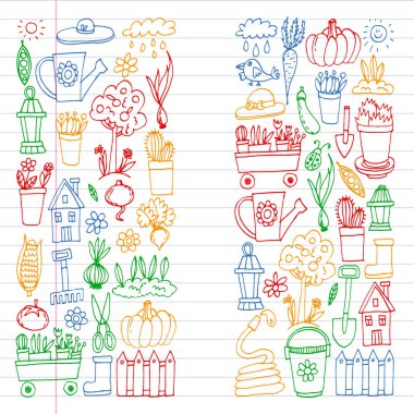 Bahçe, tarım, Bahçe aletleri, ekipman, hasat. Bahçe öğeleri simgelerin.