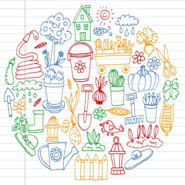 Bahçe, tarım, Bahçe aletleri, ekipman, hasat. Bahçe öğeleri simgelerin.