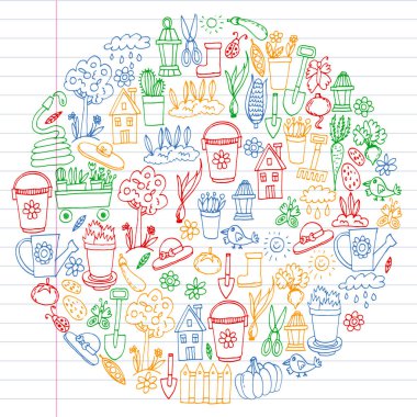 Bahçe, tarım, Bahçe aletleri, ekipman, hasat. Bahçe öğeleri simgelerin.