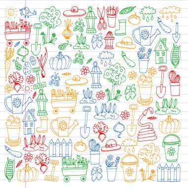 Bahçe, tarım, Bahçe aletleri, ekipman, hasat. Bahçe öğeleri simgelerin.