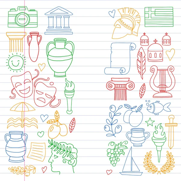 Viaggio in Grecia. Set vettoriale con icone in stile doodle — Vettoriale Stock