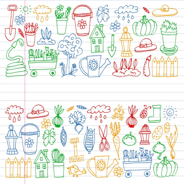 Jardín, agricultura, herramientas de jardín, equipo, cosecha. Iconos de artículos de jardinería . — Vector de stock