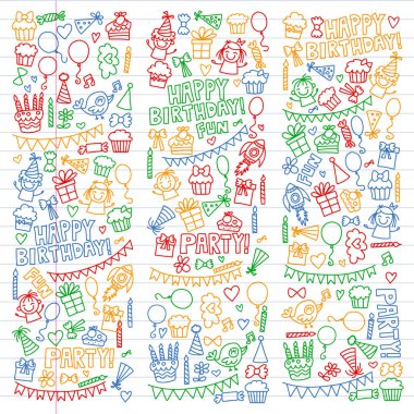 Vektör desen Doğum günü partisi için küçük anaokulu, okul çocukları için. Doodle stili çizim çocuklar
