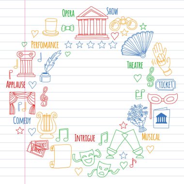 Vektör tiyatro kutsal kişilerin resmi ile ayarla. Eğlence, gösteri, müzik perfomance
