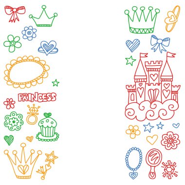 Küçük kızlar için Prenses Doğum günü partisi. Anaokulu, okul çocukları resim. Resimde Kalesi, Peri, elbise, taç olan çocuklar için.