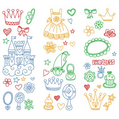 Küçük kızlar için Prenses Doğum günü partisi. Anaokulu, okul çocukları resim. Resimde Kalesi, Peri, elbise, taç olan çocuklar için.