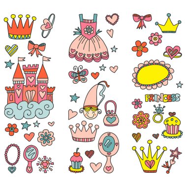 Küçük kızlar için Prenses Doğum günü partisi. Anaokulu, okul çocukları resim. Resimde Kalesi, Peri, elbise, taç olan çocuklar için.