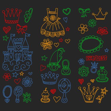 Küçük kızlar için Prenses Doğum günü partisi. Anaokulu, okul çocukları resim. Resimde Kalesi, Peri, elbise, taç olan çocuklar için.