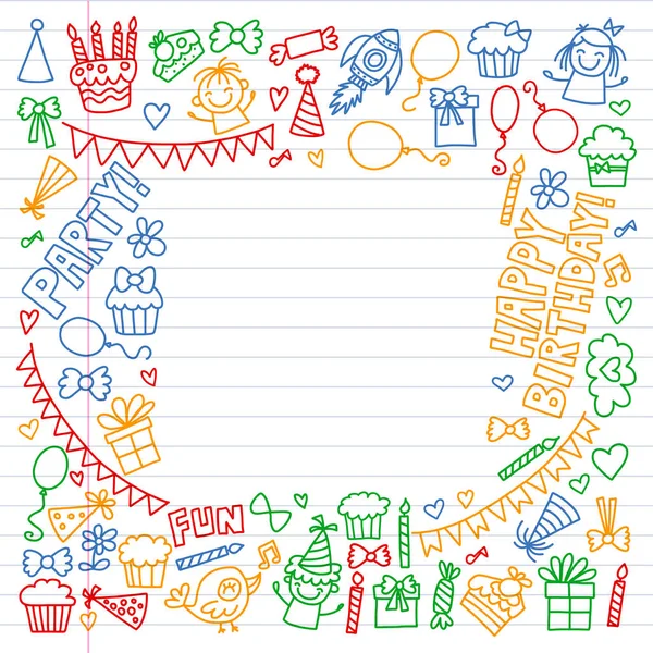 Padrão de vetor para festa de aniversário para o pequeno jardim de infância, crianças da escola. Crianças desenho estilo doodle —  Vetores de Stock