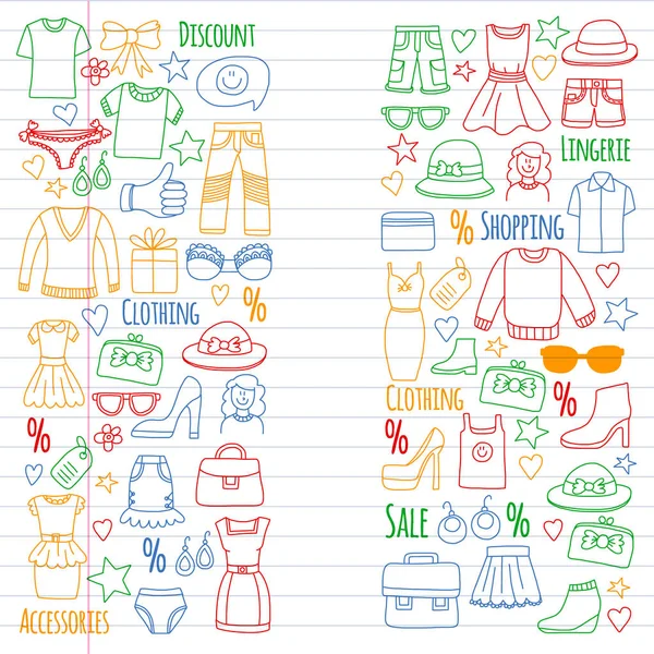 Compras, mercado, tienda. Iconos de ropa y moda — Vector de stock