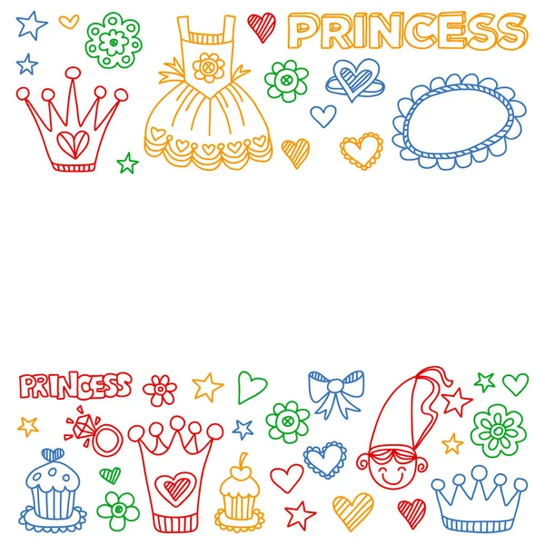 小女孩的公主生日派对。幼稚园, 学校孩子图片。例证为孩子与城堡, 仙女, 礼服, 冠. — 图库矢量图片