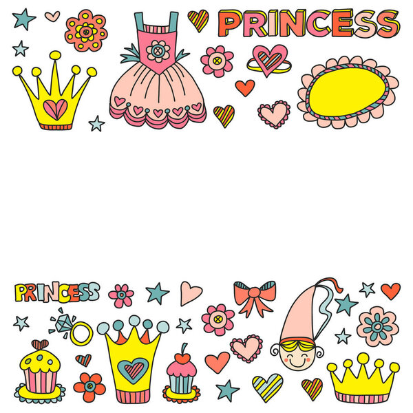 Princess birthday party for little girls. Kindergarten, school children picture. Illustration for children with castle, fairy, dress, crown.