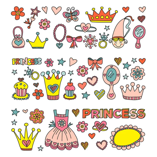 Fiesta de cumpleaños de princesa para niñas. Jardín de infantes, foto de niños de la escuela. Ilustración para niños con castillo, hada, vestido, corona . — Vector de stock