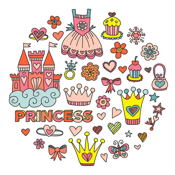 Princess birthday party for little girls. Kindergarten, school children picture. Illustration for children with castle, fairy, dress, crown. — Stock Vector