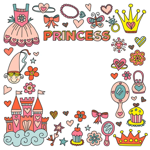 Prinses verjaardagsfeestje voor meisjes. Kleuterschool, prentenboeken voor kinderen van de school. Illustratie voor kinderen met kasteel, fairy, jurk, kroon. — Stockvector