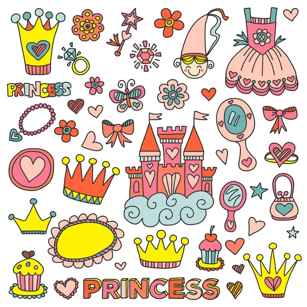 Princess birthday party for little girls. Kindergarten, school children picture. Illustration for children with castle, fairy, dress, crown. — Stock Vector