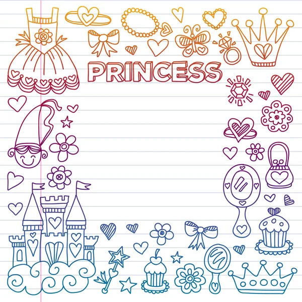 Prinses verjaardagsfeestje voor meisjes. Kleuterschool, prentenboeken voor kinderen van de school. Illustratie voor kinderen met kasteel, fairy, jurk, kroon. — Stockvector