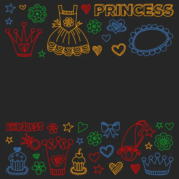 Prinsessa födelsedagsfest för små flickor. Dagis, skola barn bild. Illustration för barn med slott, fairy, klänning, krona. — Stock vektor