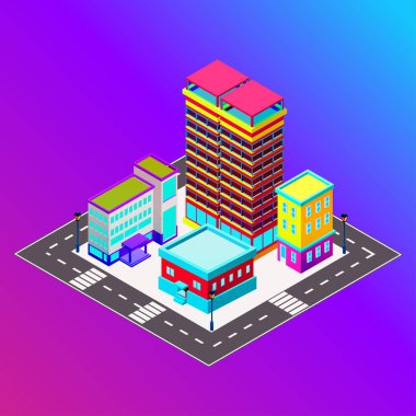 Skysrapers ile vektör izometrik şehir. Kasaba Infographic illüstrasyon.