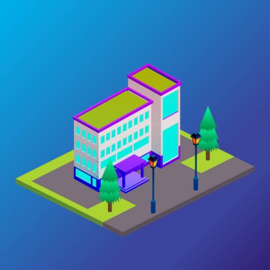 Skysrapers ile vektör izometrik şehir. Kasaba Infographic illüstrasyon.