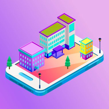 Skysrapers ile vektör izometrik şehir. Kasaba Infographic illüstrasyon.