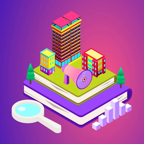 Vector isometric city with skysrapers. Town infographic illustration. — Stock Vector