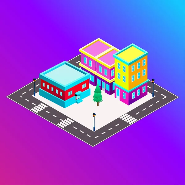 Ciudad isométrica vectorial con rascacielos. Ilustración infográfica del pueblo . — Archivo Imágenes Vectoriales