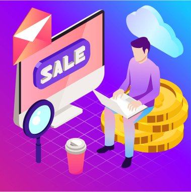 İnternetten alışveriş. İş illüstrasyonunda vektör. Satış, internet, tasarım. Dijital pazarlama resmi.