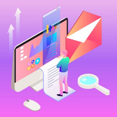 Dijital pazarlama vektör çizim. Afiş tasarım şablonu. Teknolojik altyapı.