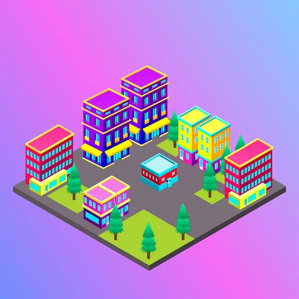 Ciudad isométrica vectorial con rascacielos. Ilustración infográfica del pueblo . — Vector de stock