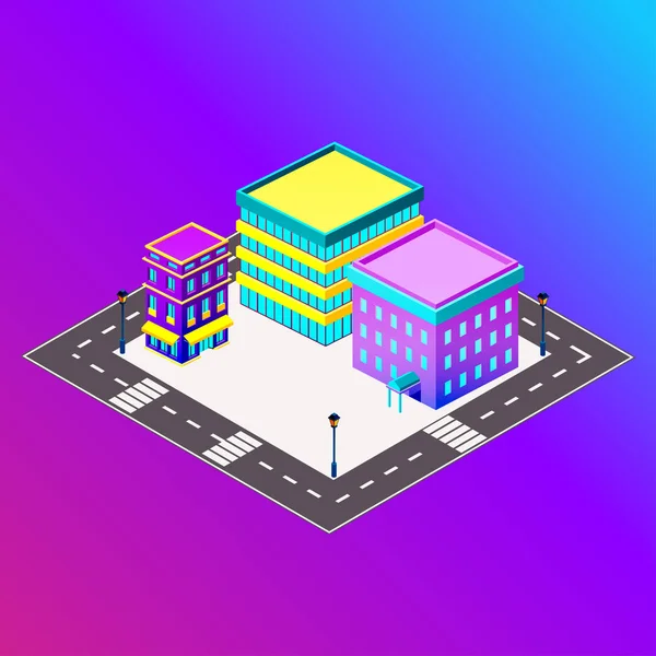 Ciudad isométrica vectorial con rascacielos. Ilustración infográfica del pueblo . — Vector de stock