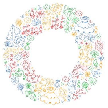 Sihirli Prenses vektör çizim. Çizgi film seti. Tasarım küçük kızlar için. Desenler için moda elemanları ile güzel fantezi peri masalı.