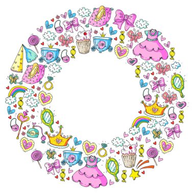 Küçük kızlar için Prenses Doğum günü partisi. Anaokulu, okul çocukları resim. Resimde Kalesi, Peri, elbise, taç olan çocuklar için.