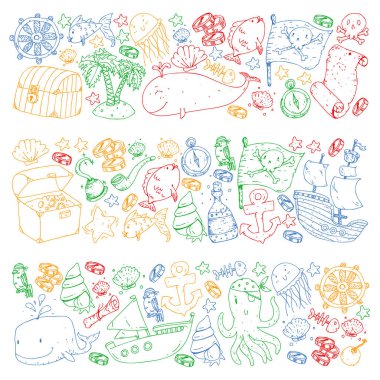 Okyanus ve deniz çocuklar için. Su yaratıklar ile illüstrasyon karikatür. Sevimli balıklar, hayvanlar, hazineler. Çocuklar tatil desen, plaj oyuncakları ve öğeleri.