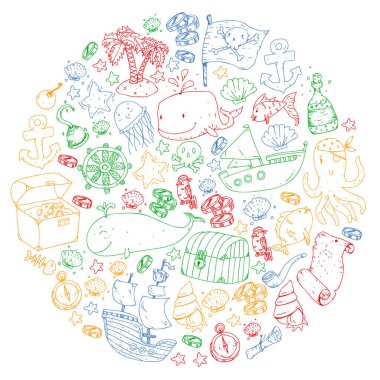 Okyanus ve deniz çocuklar için. Su yaratıklar ile illüstrasyon karikatür. Sevimli balıklar, hayvanlar, hazineler. Çocuklar tatil desen, plaj oyuncakları ve öğeleri.