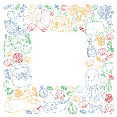 Okyanus ve deniz çocuklar için. Su yaratıklar ile illüstrasyon karikatür. Sevimli balıklar, hayvanlar, hazineler. Çocuklar tatil desen, plaj oyuncakları ve öğeleri.