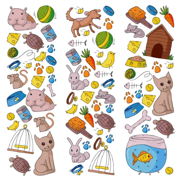 Dierenwinkel. Vectorillustratie met dieren, hond, kat, vis, kleurrijke achtergrond met vogel, kitten, puppy. Dierenarts kliniek. — Stockvector