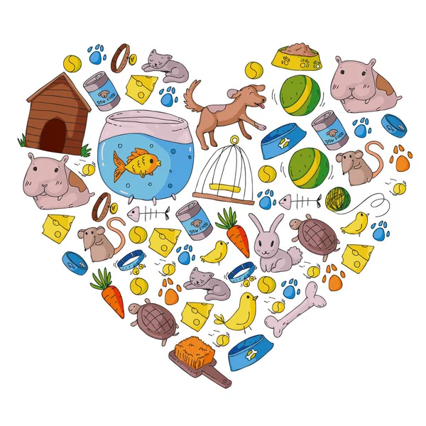 Tienda de mascotas. Ilustración vectorial con animales, perro, gato, pez, fondo colorido con gatito, pájaro, cachorro. Clínica veterinaria . — Vector de stock