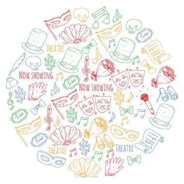 Tiyatro vektör çizim. Entertaiment, sinema, sahne, olay. Afiş, poster için arka plan.
