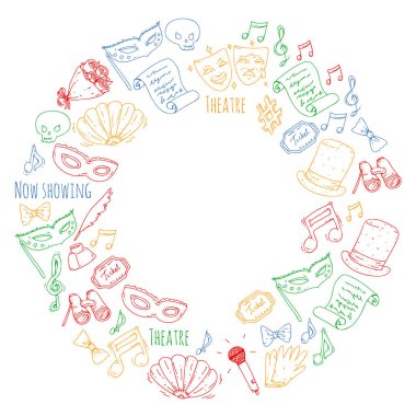 Tiyatro vektör çizim. Entertaiment, sinema, sahne, olay. Afiş, poster için arka plan.