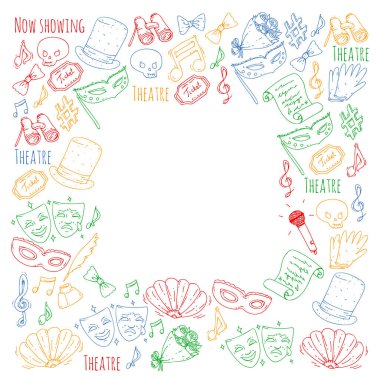 Tiyatro vektör çizim. Entertaiment, sinema, sahne, olay. Afiş, poster için arka plan.