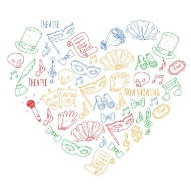 Tiyatro vektör çizim. Entertaiment, sinema, sahne, olay. Afiş, poster için arka plan.