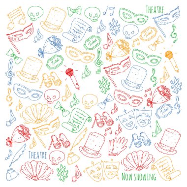Tiyatro vektör çizim. Entertaiment, sinema, sahne, olay. Afiş, poster için arka plan.