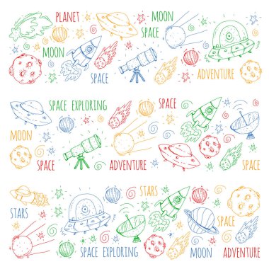 Uzay vektör çizim. Bilim, teknoloji desen. Roket ve uzay.