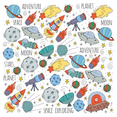 Uzay vektör çizim. Bilim, teknoloji desen. Roket ve uzay.