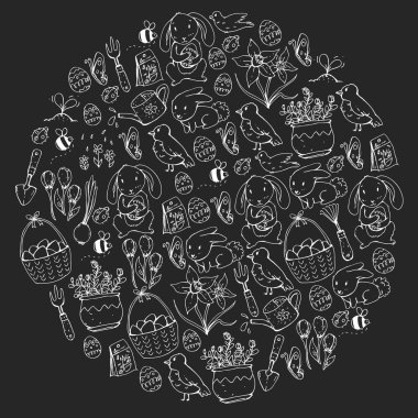 Paskalya vektör çizim. Bahar tasarımı desen için. Tatil dekorasyon için tebrik kartları. Tavşan, tavşan karakteri, yumurta, çiçekler, mevsimlik öğeleri.