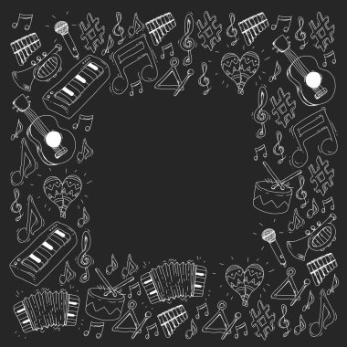 Müzik arka plan desenleri için. Müzik aletleri ile vektör çizim.