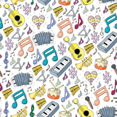 Müzik arka plan desenleri için. Müzik aletleri ile vektör çizim.